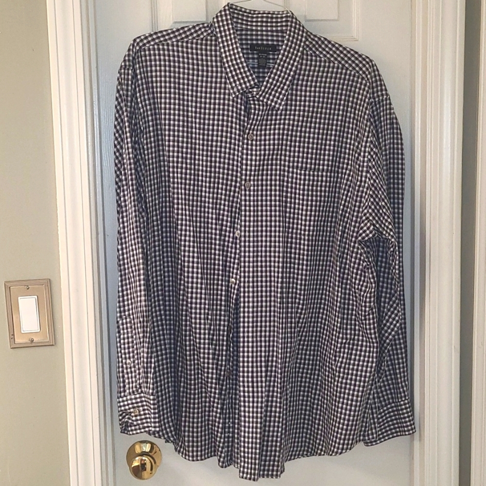 Men's long sleeve button down shirt in purple, black and white plaid.